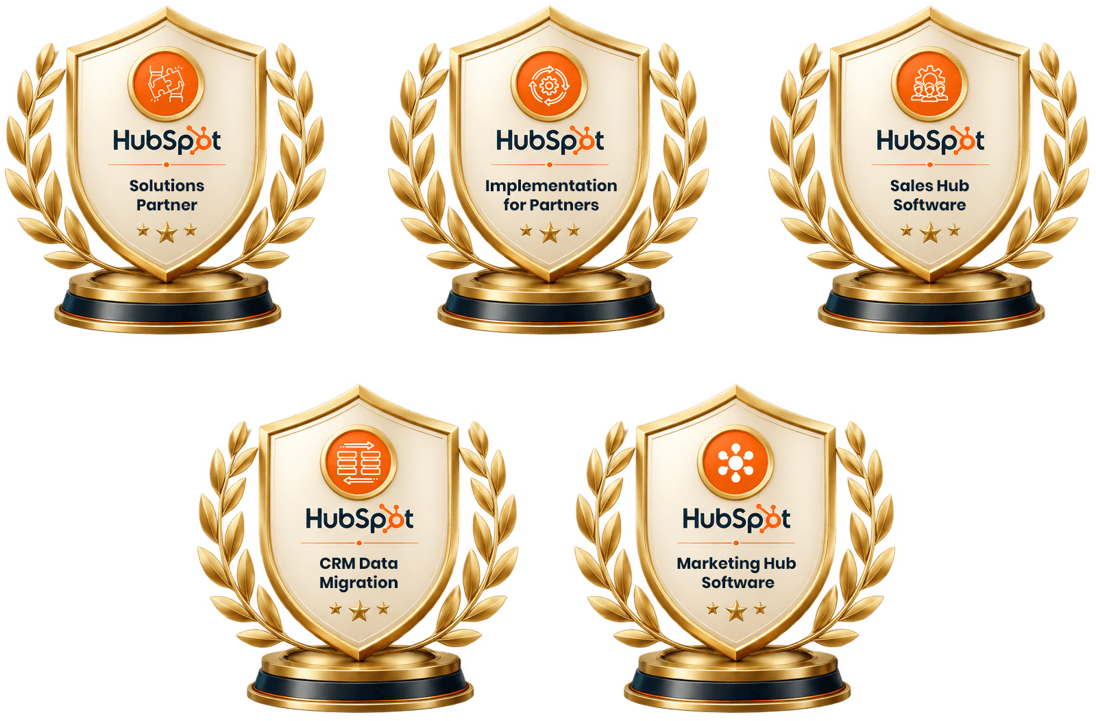 HubSpot accreditations: Solutions Partner, Implementation for Partners, Sales Hub Software, CRM Data Migration and Marketing Hub Software